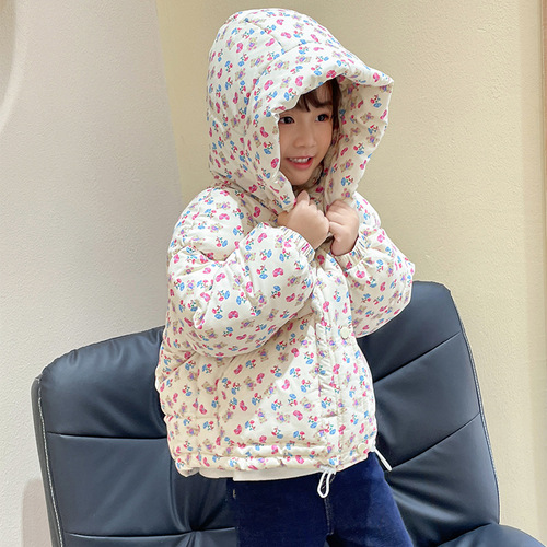 Women's Floral Hooded Down Cotton Coat Korean Style Children's Winter Jacket Child Anti-stain Thick Fashion Baby Cotton Padded Jacket