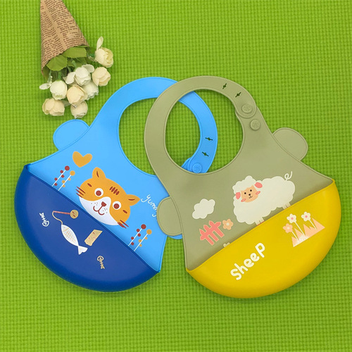 Baby Food-Grade Silicone Meal Pouch Children's Eating Pouch Waterproof Wash-Free Cartoon Bib Adjustable Drool Pouch