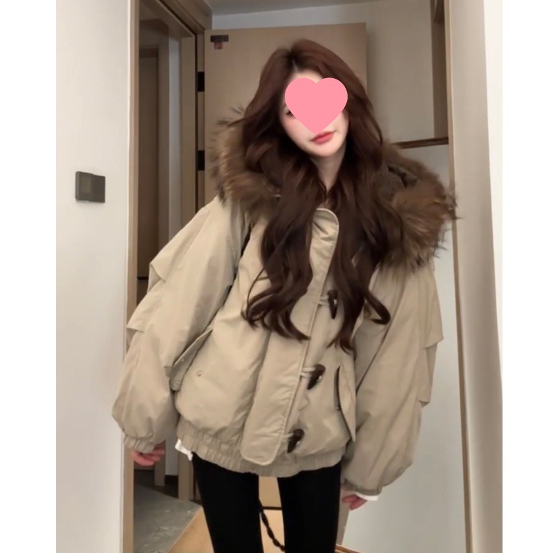 冬保暖美式白鸭绒2024复古大领羽绒服女貉子毛牛角扣外套新款连帽