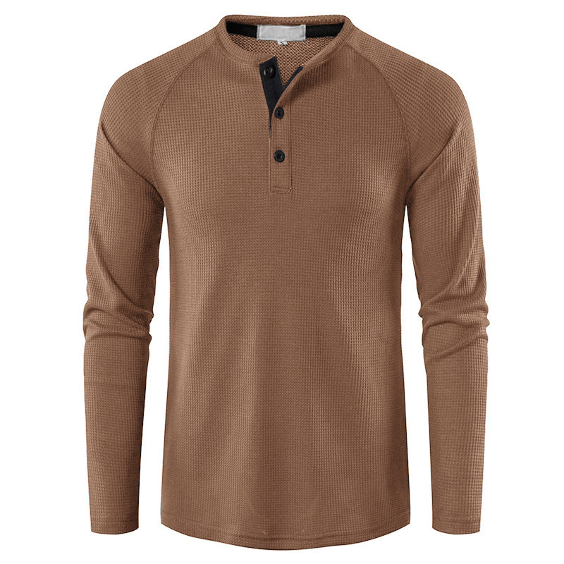 Mode Herren Langarm Henley T-Shirt Sport Casual Pullover Lose Tops Bluse Knopf Einfarbig Männer T-Shirts Unterhemden_voghion.com