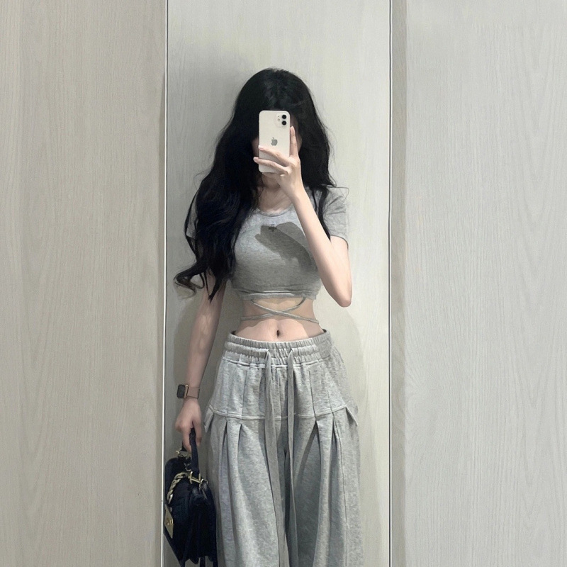 套装女2025夏季新款辣妹短款短袖T恤设计感上衣高腰显瘦阔腿裤ins|undefined