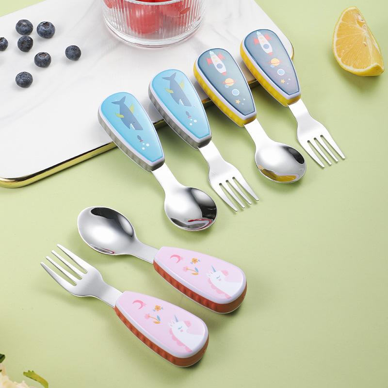 304 Stainless Steel Children's Tableware Short Handle Spoon Fork Creative Cartoon Baby Training Tableware Food Supplementary Portable suit