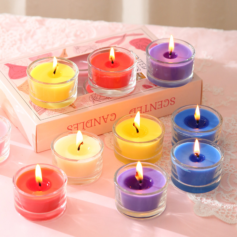 Vaso de vidrio de 8 horas pequeña vela de bananas redonda aceite esencial prueba de fragancia tipo vela sin humo vela vela de cena fábrica al por mayor