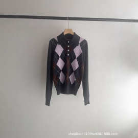复古菱形格纹polo领修身长袖针织衫25秋冬新款水钻绵羊毛套头毛衣