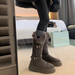 葡萄妈studiolee扣带厚底毛毛翻边保暖棉鞋中长筒雪地靴女冬季款