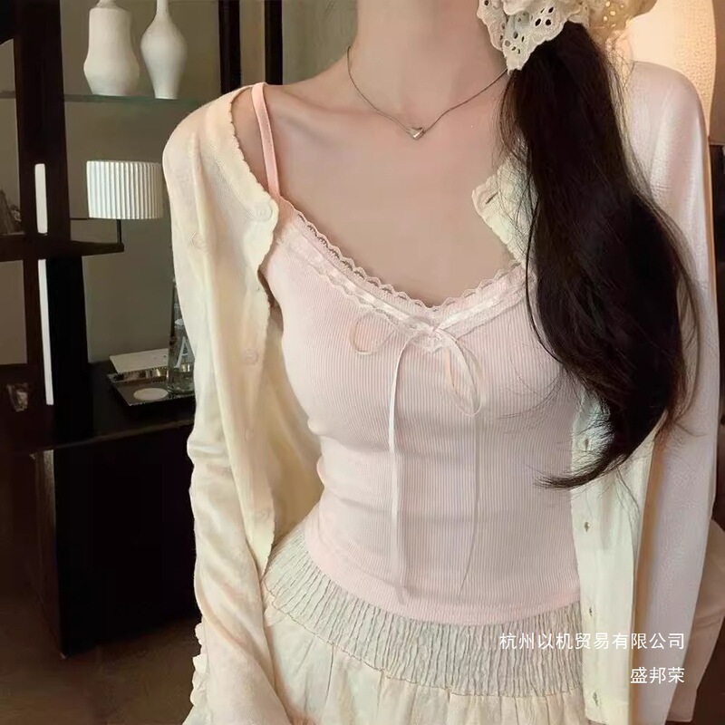 Factory Direct Sale Pure Lace Trim Camisole for Women, Summer Sweet and Spicy Style with Bow, Slim Fit Short Strap Top