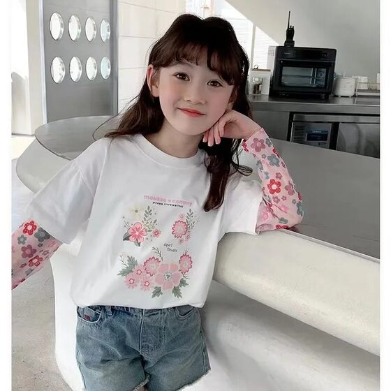 Girls' Sunscreen Sleeve Fake Two-piece T-shirt Summer Stitching Children's Western Style Baby Girl Short-sleeved Korean Style Flower Top