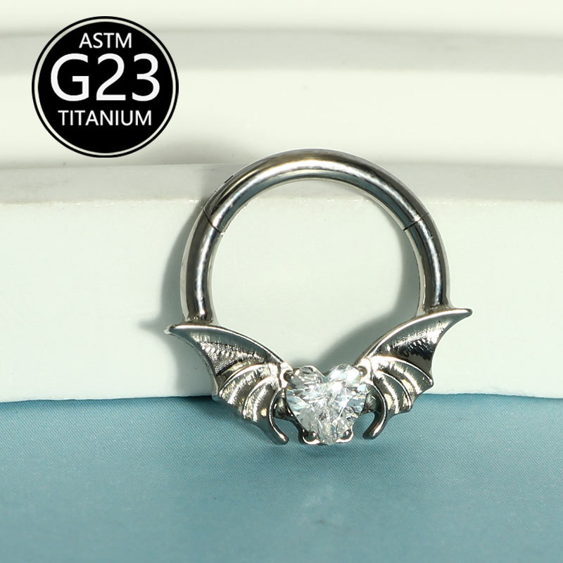 Amazon Hot Fashion Bat Nose Septum Ring Nose Clip G23 Titanium Heart Zircon Ear Bone Nail Jewelry detail image 8