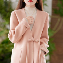 双面呢羊毛大衣女士新款百搭 V领中国风盘扣手工缝制优雅毛呢外套