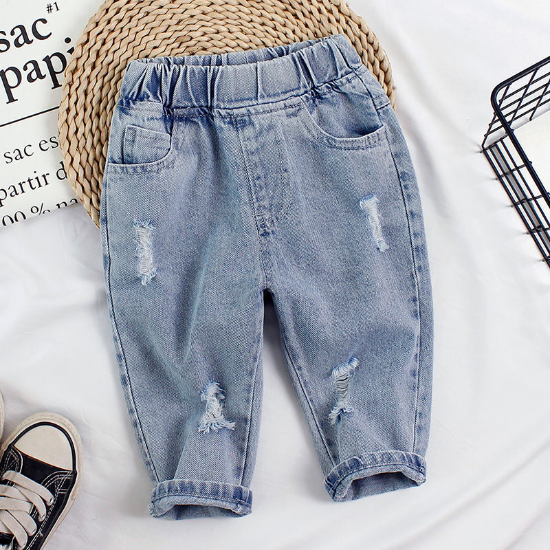 Ropa infantil, bebé, jeans para niños, primavera de 2026 para niños y niñas de 1 a 7 años de edad, jeans holgados, agujeros de aire extranjero