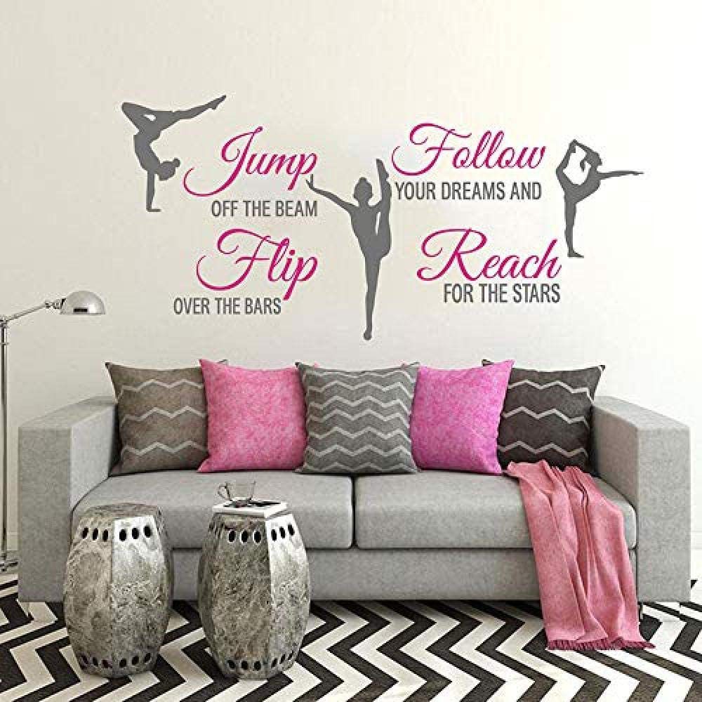 玫红色 Jump Follow Flip Reach 三个体操女孩图案 创意精雕墙贴