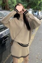 春秋时尚韩版宽松显瘦针织长袖毛衣气质百搭高腰百褶半身裙两件套