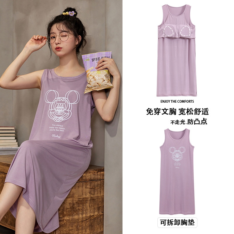 Camisón de verano de las mujeres modal al aire libre Correa chaleco vestido con almohadilla en el pecho pijamas de dibujos animados más tamaño medio-longitud homewear