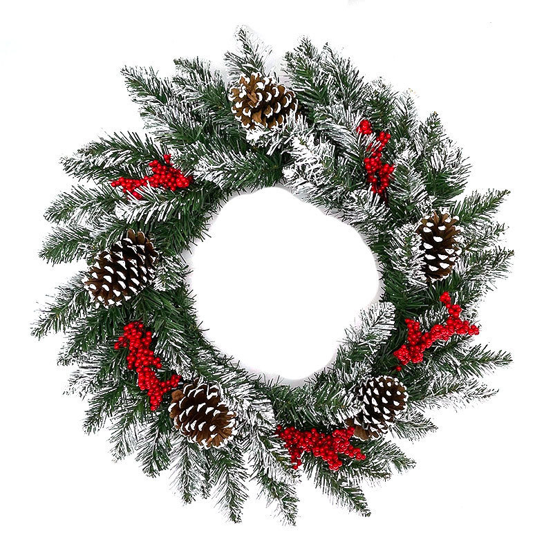 クリスマスの装飾の大きい花の環の松の実の赤い果実は雪の花輪の柏の草の環のショーウインドーの配置の場所をまねてクリスマスの花輪を配置します。|undefined