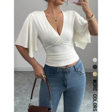 E 28567 V-neck ruffle flutter sleeve slim tee V �����������