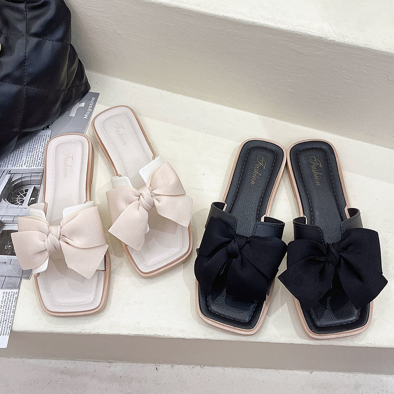 Flower Slippers For Female Outerwear New Fashionable And Versatile Flat Bottomed Flip Flop Bow Tie Sandal