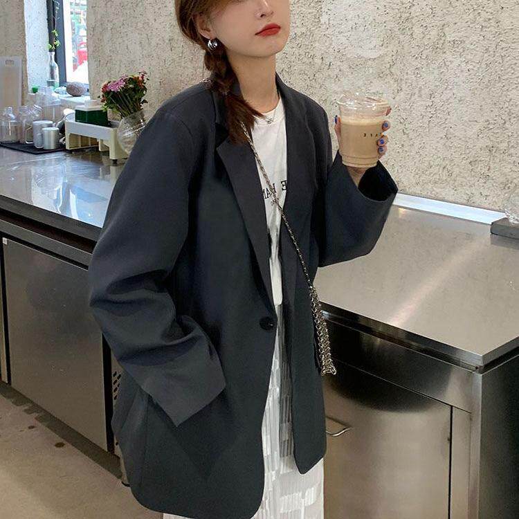 Áo blazer nữ màu xám phong cách Hàn Quốc, áo vest dài tay dáng suông tôn dáng — Màu xám [chất lượng cao] chi tiết 9