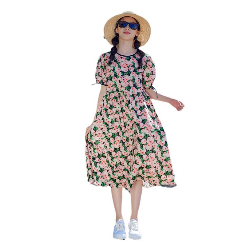 Vestido de niña Zhongda 2024 nuevo estilo estilo estilo occidental manga abullonada princesa falda larga niña falda de playa algodón puro verano