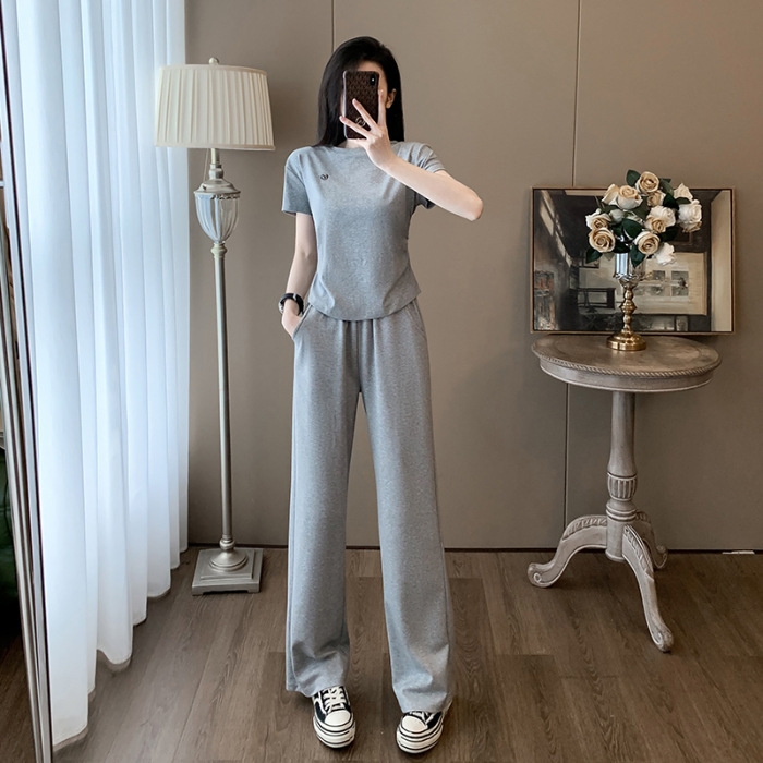 休闲运动服套装女夏季2025新款洋气显瘦宽松短袖时尚阔腿裤两件套|undefined