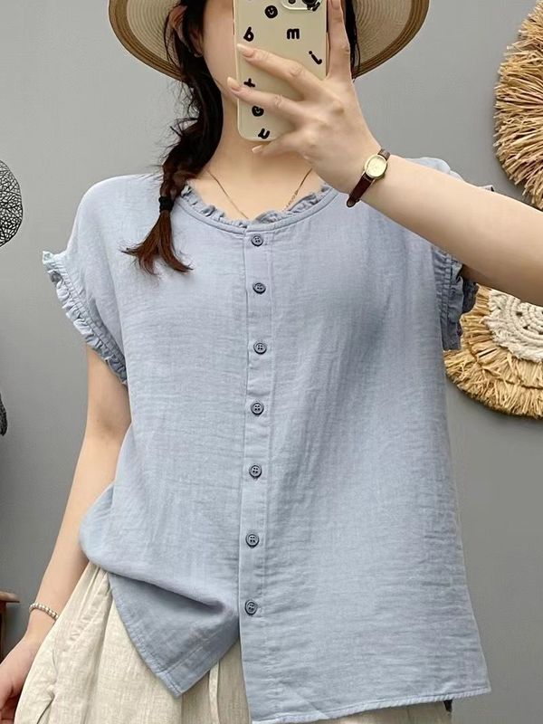 Literary Lace Collar Pure Color Double-Layer Cotton Gauze Shirt Women's Loose Casual Versatile Small Flying Sleeve Top 66137