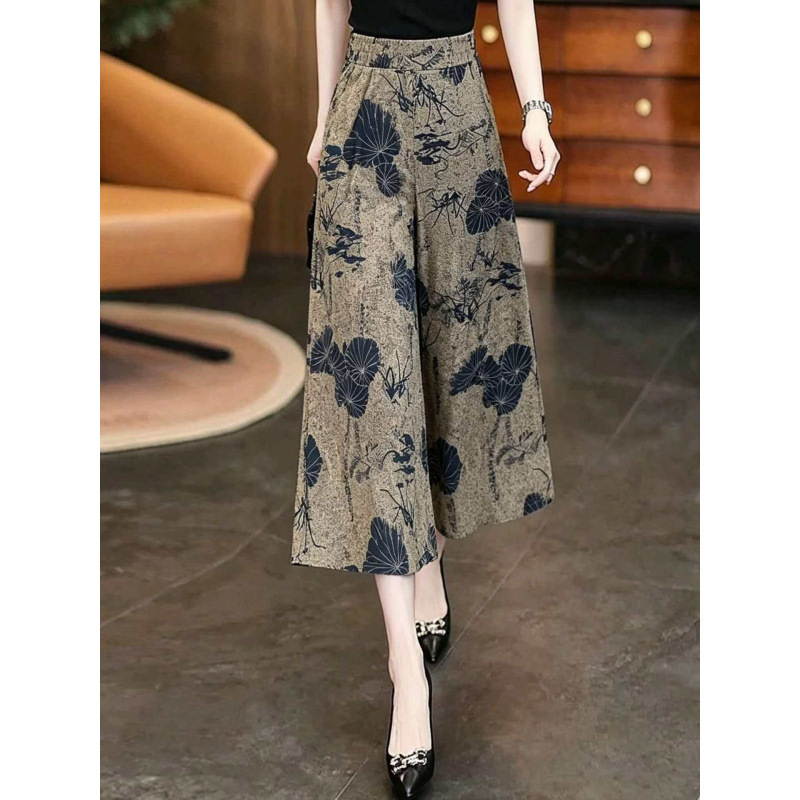 Women's casual wide-leg loose pants, summer thin cropped trousers, high-waisted Chinese-style three-quarter skirt-pants for middle-aged and elderly women Women's casual wide-leg loose pants, summer thin cropped trousers, high-waisted Chinese-style three-quarter skirt-pants for middle-aged and elderly women