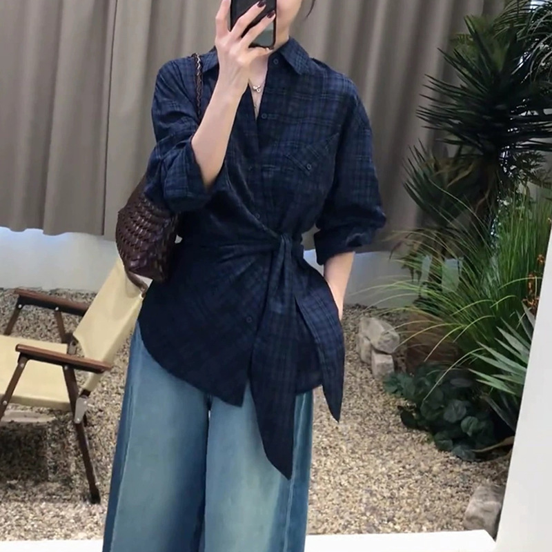 蓝色格纹收腰衬衫女高级感轻奢减龄洋气又a又飒冷淡系设计感上衣|undefined