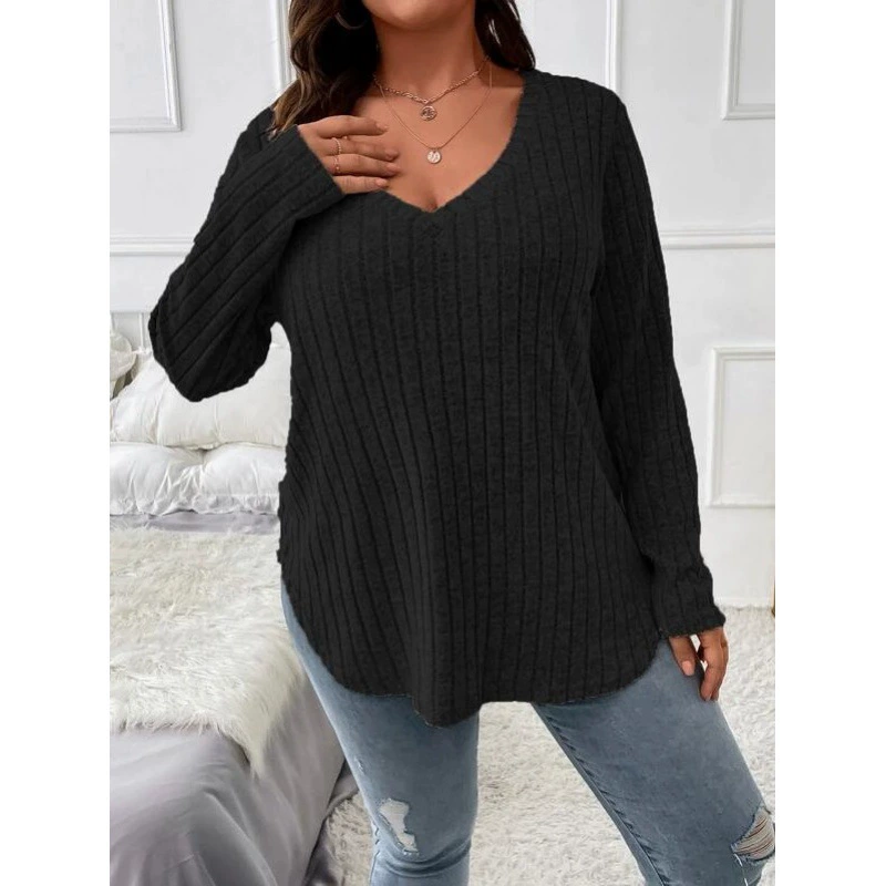 Demi-season solid long-sleeve, T-shirt, Amazon, plus size, V-neckline, oversize
