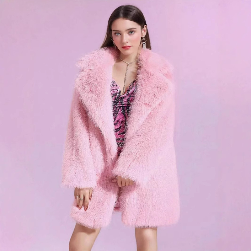 European and American New Long-Sleeved Suit Collar Imitation Fur Outwear Pure Color Warm Large Size Outwear Women's Fur Women's Mid-Length