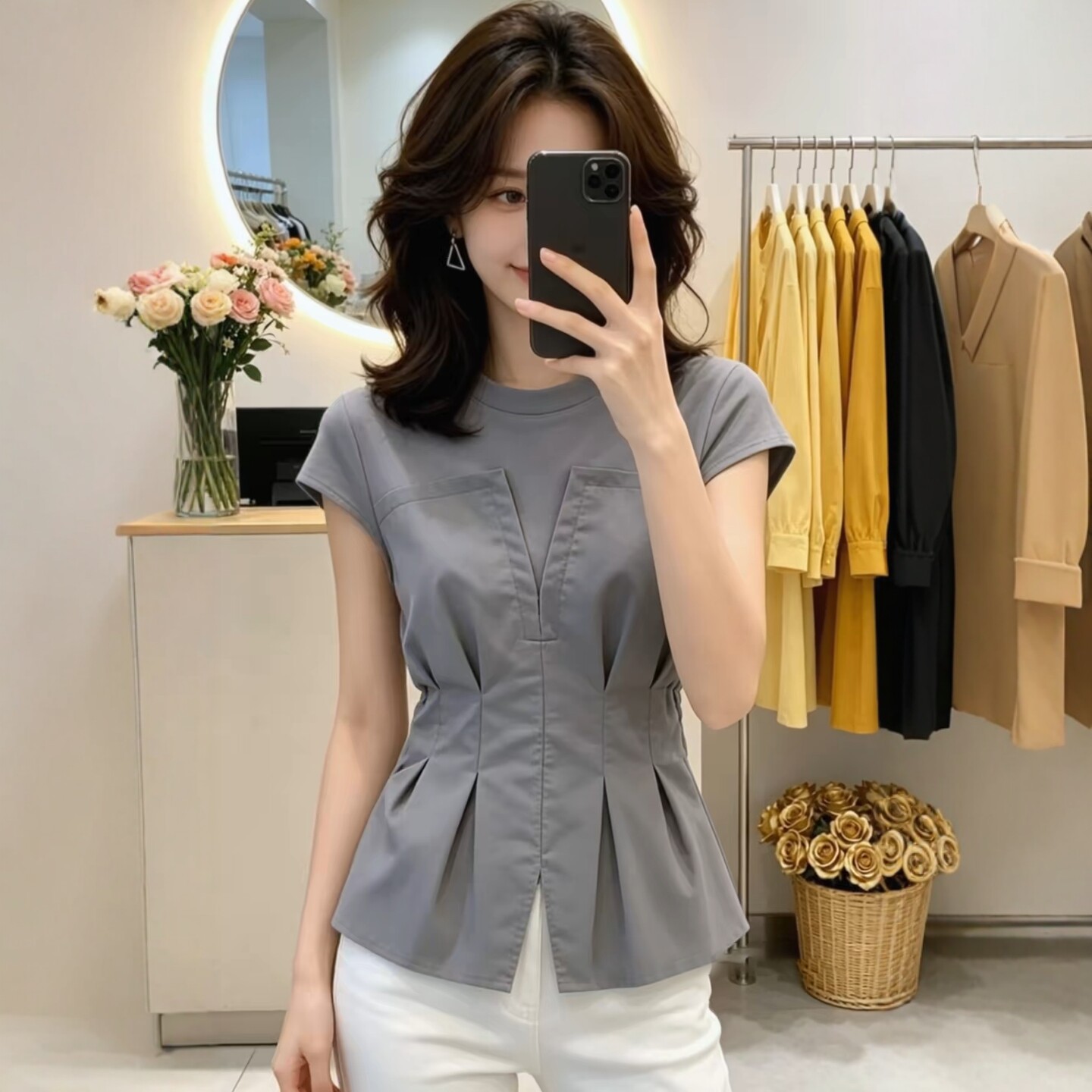 Áo thun nữ tay ngắn thiết kế eo thắt lưng, dáng ôm nhẹ, chất liệu mỏng mùa hè — màu trắng chi tiết 1