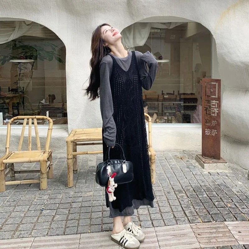 早秋氛围感穿搭叠穿镂空罩衫连衣裙套装女韩系慵懒宽松长裙两件套|undefined