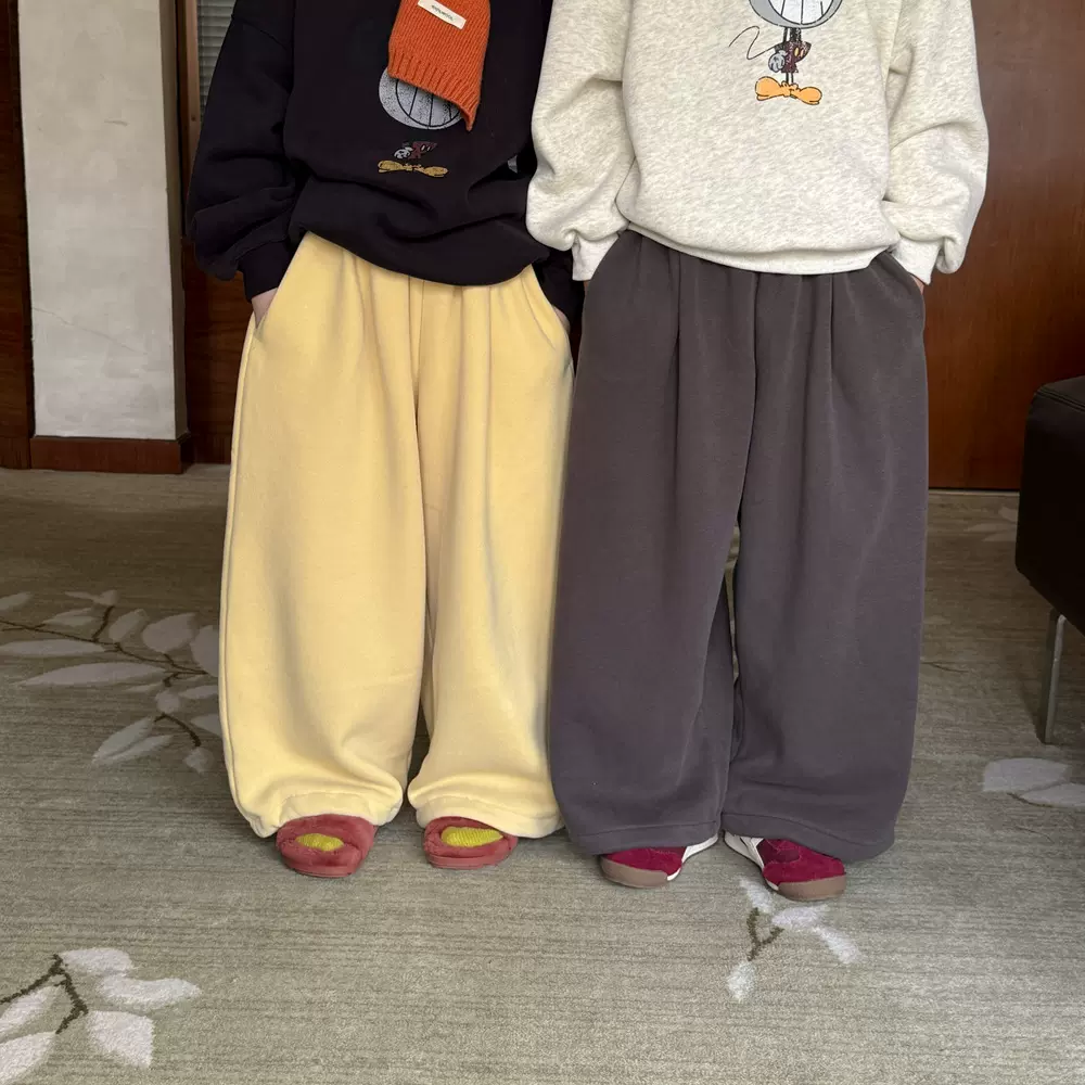 童裤2025秋冬韩版男女童纯色休闲加绒直筒裤百搭慵懒抽绳裤子