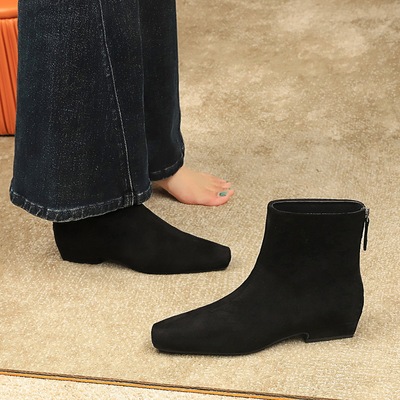 937-1 Korean retro style thick heeled Martin boots, small bare boots, back zipper suede square toe single boots, fashion