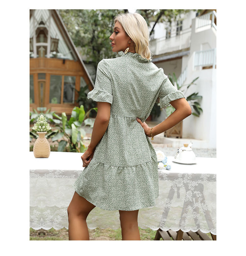 Green Ruffled Print Loose Dress NSDMB104808