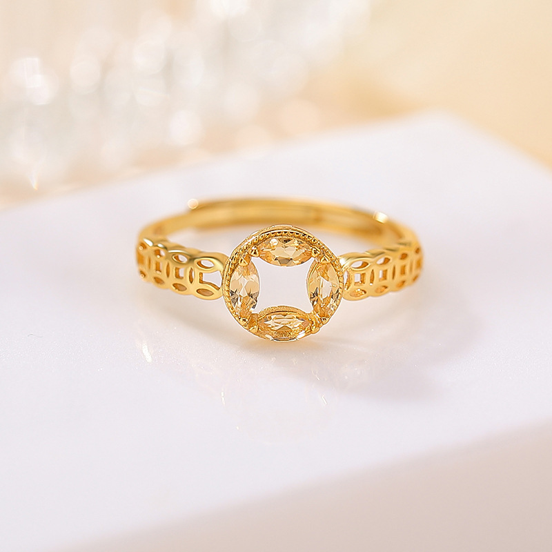 Nhẫn bạc S925 mạ vàng đính đá pha lê hình đồng xu rỗng cá tính, có thể điều chỉnh độ mở — Một mảnh