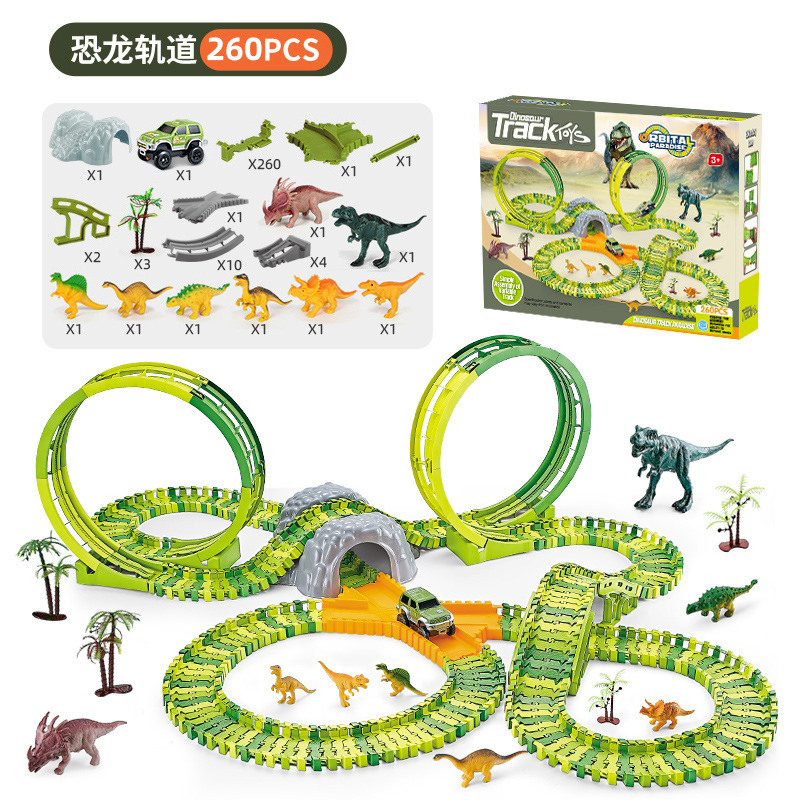 Vehículo eléctrico de vagón de dinosaurio, variedad, montaña rusa ensamblada, juego de modelo de coche de simulación de paraíso, juguetes educativos para niños