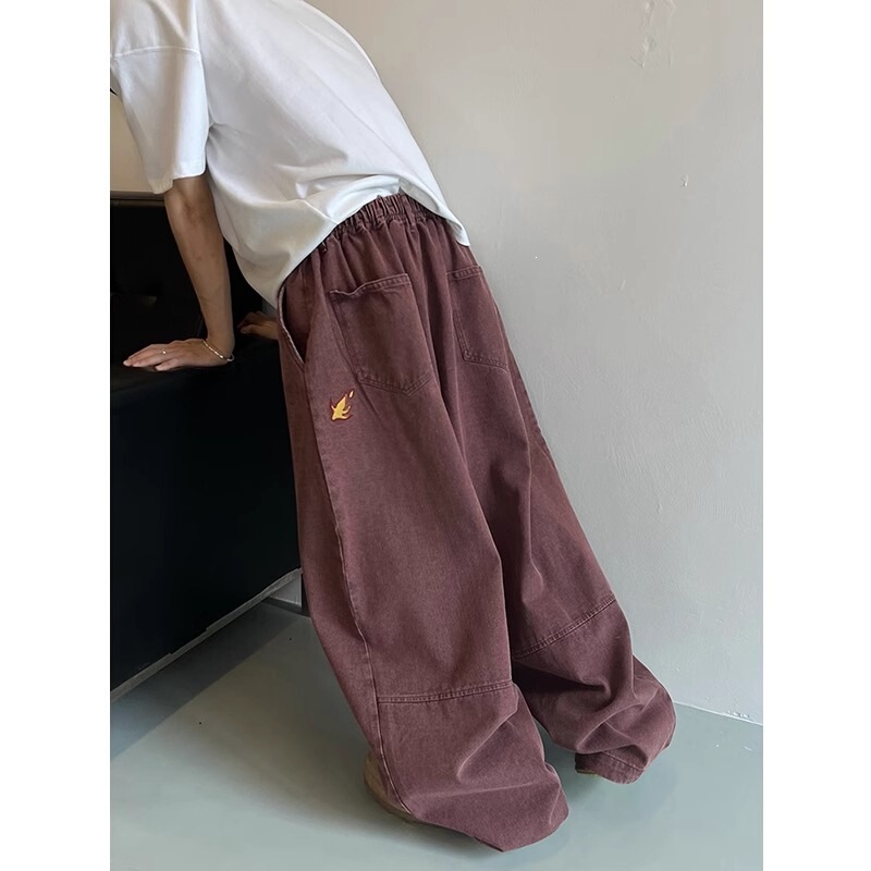 High Street Fashion Brand Flame Embroidery Oversized Jeans for Men, American Retro Washed Loose Fit Floor-Length Versatile Pants High Street Fashion Brand Flame Embroidery Oversized Jeans for Men, American Retro Washed Loose Fit Floor-Length Versatile Pants