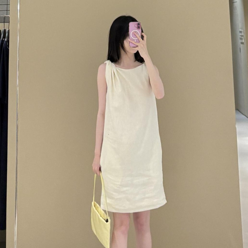 C Brand Knotted Linen Mini Dress, Solid Color, Sleeveless, Elegant Loose Short Dress, New Summer Collection 26, 1282678002