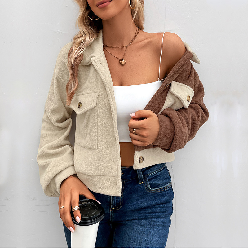 Autumn and Winter Contrast Color Block Jacket Lapel Short Jacket Polar Fleece Jacket_voghion.com