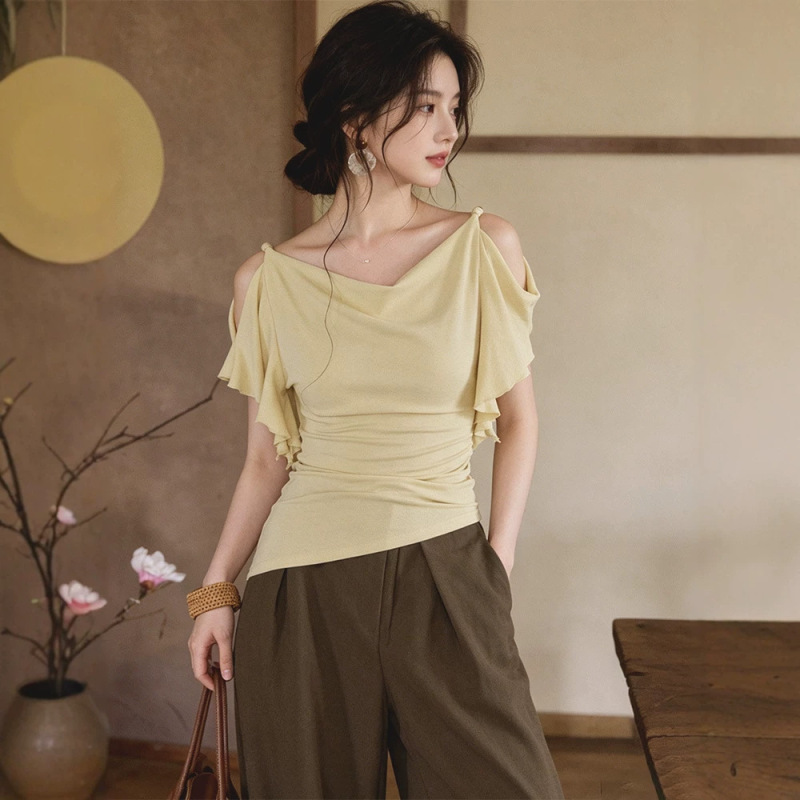 Design [Tinglan] Two-Way Wear French-Style Draped Collar Soft and Elegant Large Drop-Shoulder Top for Women, Summer Off-Shoulder Ruffle T-Shirt