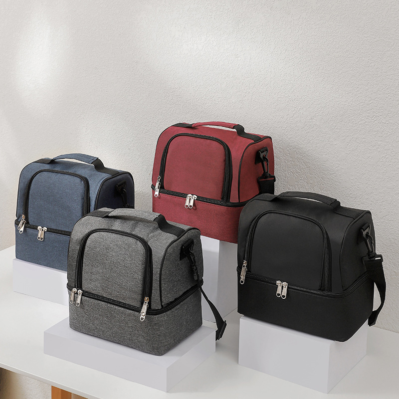 双层单肩斜跨保温便当包手提化妆洗漱包手拎野餐饭盒袋保鲜冰包