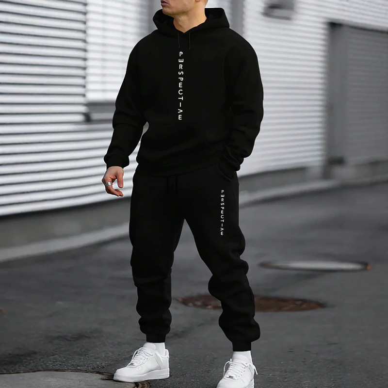 Spring and autumn fleece-lined hooded sweatshirt set for men, BALANCE letter print, warm sports and casual two-piece set