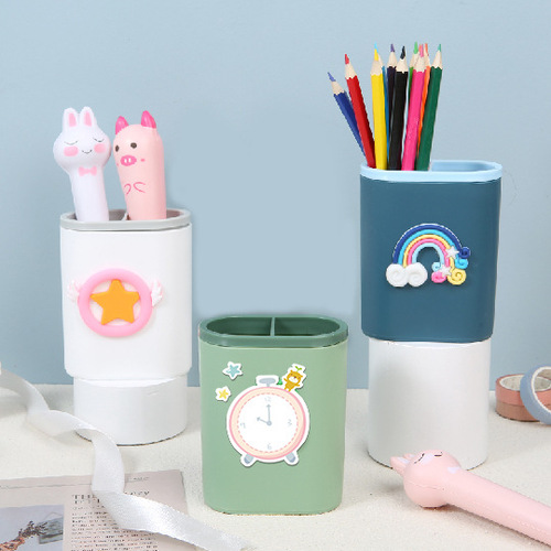 Student Cute Cartoon Pen Holder Desktop Learning Organizer Creative Makeup Brush Storage Box Printable LOGO