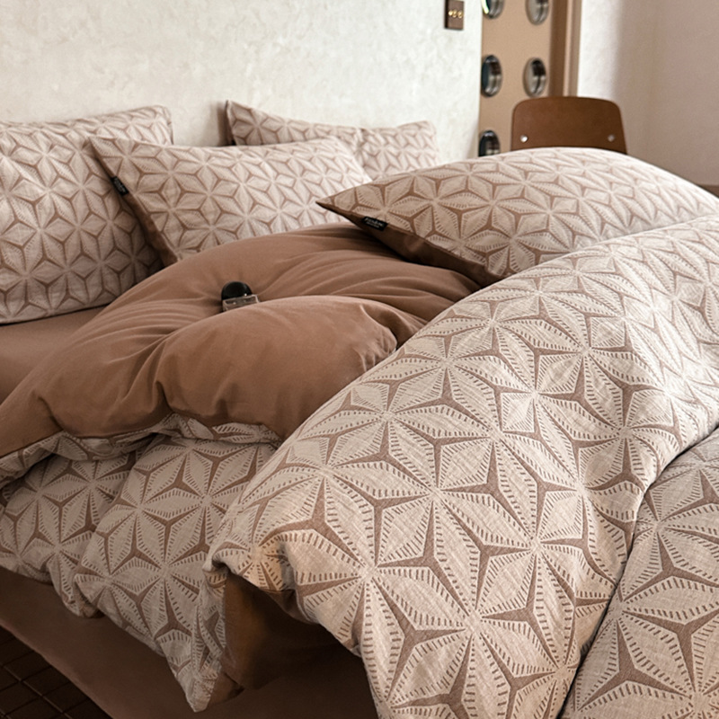 Cama de hilo de doble capa de cuatro piezas de algodón puro 100 funda de edredón de algodón grueso de tres piezas de sábanas de dormitorio 2025 nuevo 3