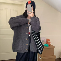 韩系秋冬新款休闲学院风针织衫女纯色宽松简约慵懒风开衫毛衣外套