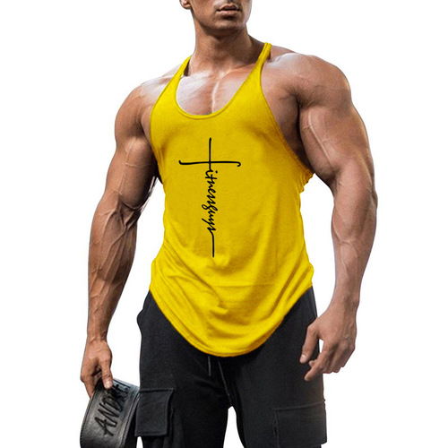 Stylish professional pure-cotton bodybuilding fitness vest with deep 1cm-cutout design and delicate thin shoulder straps—perfect for muscular men who love sports.