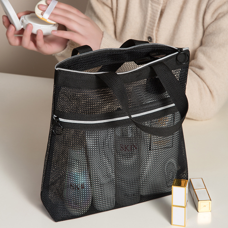Multi-layered Hollow-Out Handheld Toiletry Bag, Portable Polyester Mesh Cosmetic Organizer, Small Double-Layer Wash Bag—Wholesale