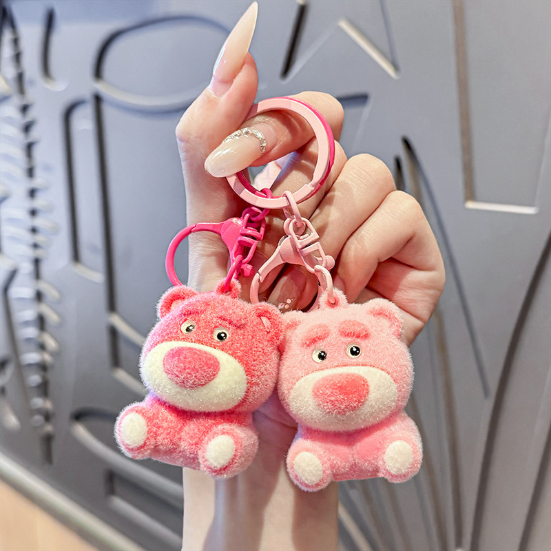 Flocked Pink Bear Keychain Cartoon Pink Bear Doll Pendant Girl's Schoolbag Accessories Creative Gift Wholesale