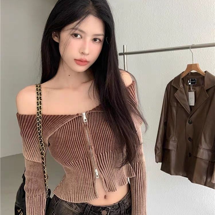 拉链一字长袖针织衫秋季修身新款辣妹设计开衫短款毛衣上衣一字肩|undefined