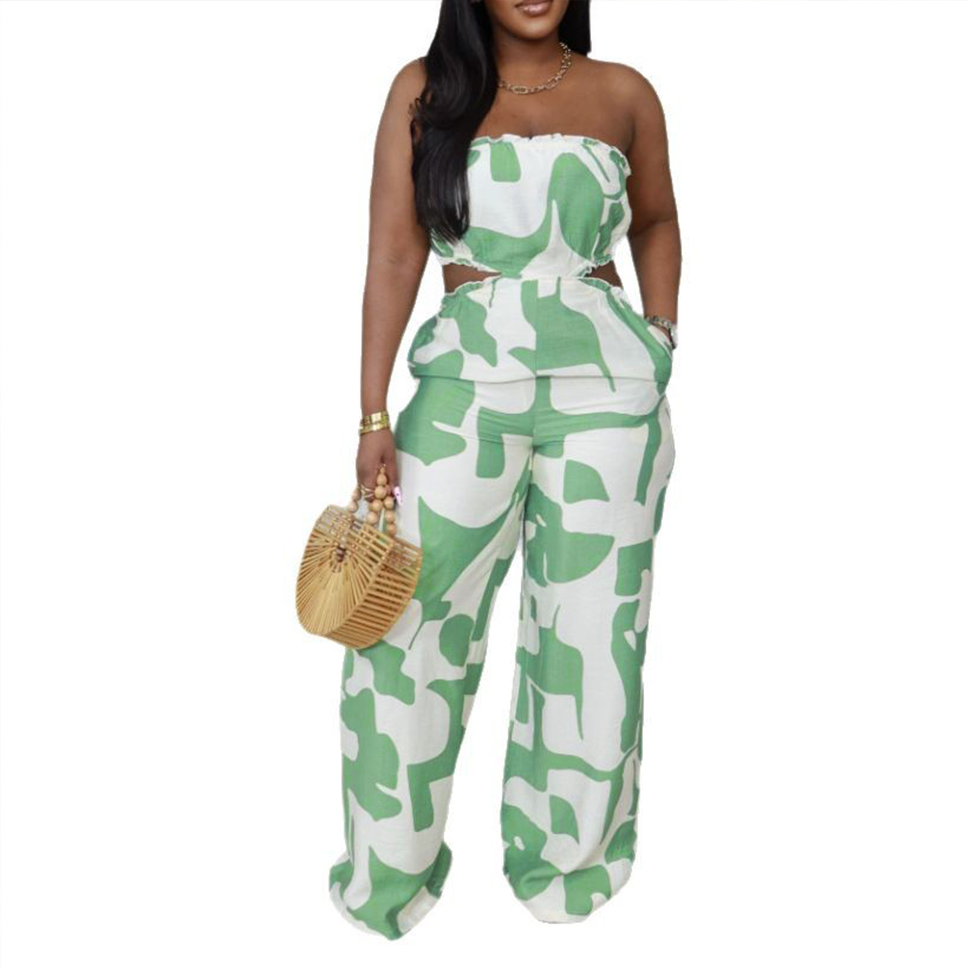 Elegant Strapless Printed Jumpsuit For Women Wide Leg Bottoms Casual Summer Polyester Thin Comfortable_ecoleips.com