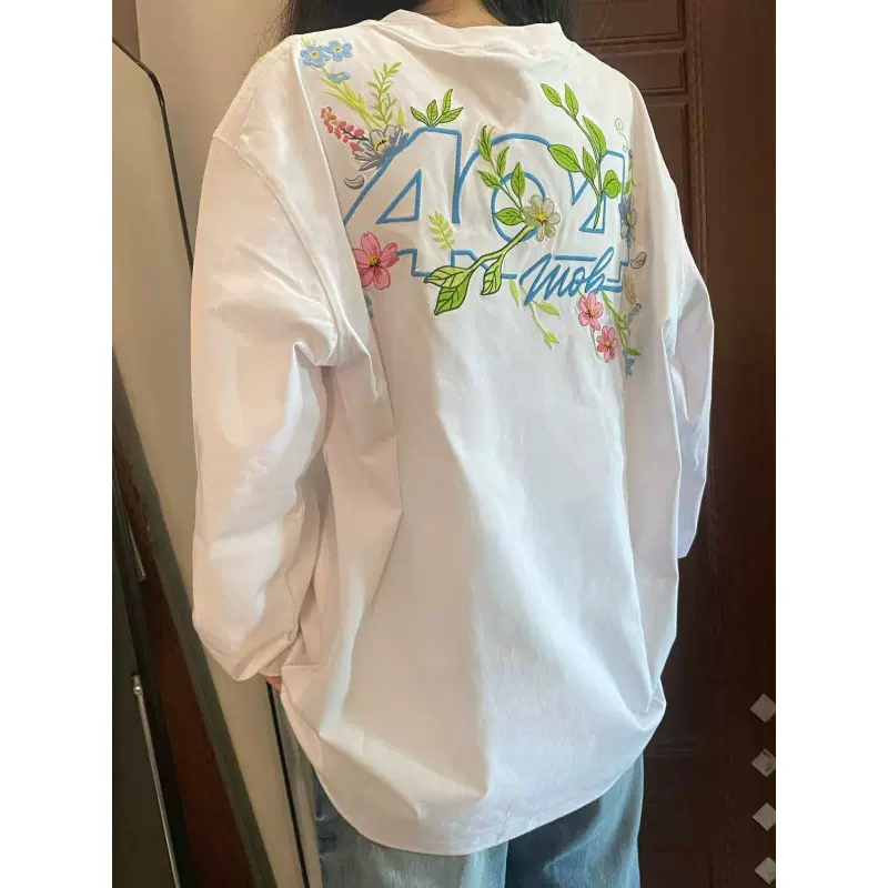 美式高街繁花枝叶花卉刺绣长袖t恤女春秋潮牌宽松设计感纯棉上衣